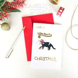 Heb een Wicked Christmas, Tassie Devil-kaart met goudfolie, seizoenskaart met envelop, Aussie-woordspelingen, Australische inboorlingen, Tasmaanse duivel