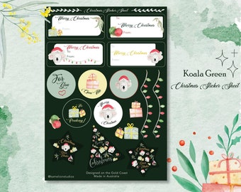 Koala Santa Christmas sticker sheet, Christmas planner stickers, gift tag stickers, Holidays stickers, festive stickers, Aussie, Australian