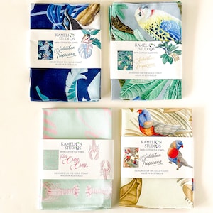 Cotton tea towel multi pack for the kitchen, gift for housewarming, beach house decor, Australian decor, bird life, tropical garden