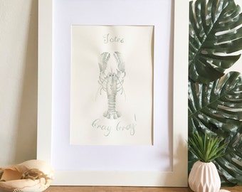 Gray Watercolour Crayfish Painting: Boho Coastal Wall Art