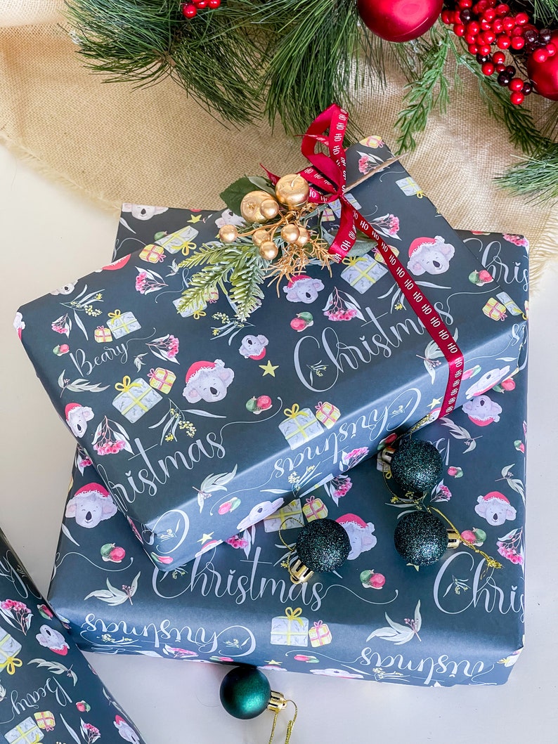 Beary Christmas Australian Wrapping Paper With Koalas and Native Flowers, Cute Funny Christmas