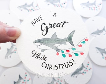 Great White Shark Christmas Gift Tag, Australian Christmas card with shark, Have a great white christmas funny seasonal gift tag, Aussie pun