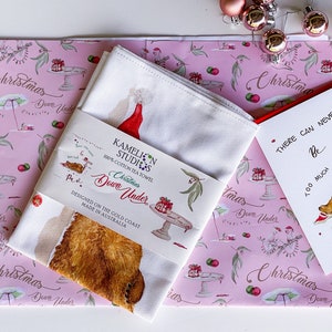 Christmas Down Under Gift Pack with Tea Towel, Christmas card and matching Wrapping Paper, all made in Australia, Kamelion Studios