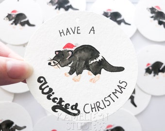 Australian Animal Christmas Gift Tag, Aussie Christmas card with Tasmanian Devil, Have a wicked Christmas , Funny seasonal gift tags