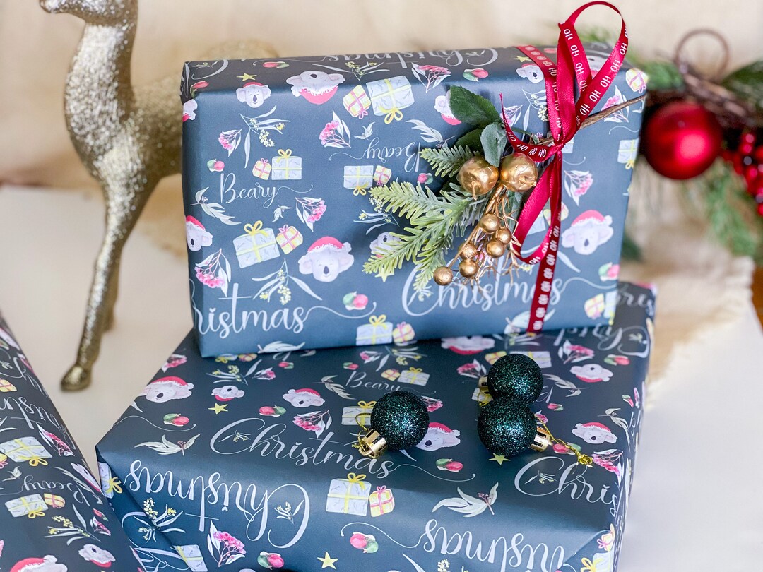 Beary Christmas Australian Wrapping Paper With Koalas and Native Flowers, Cute Funny Christmas