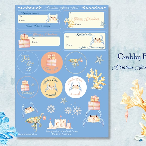 Santa Claws, Don't be Crabby Christmas Sticker Sheet, beach theme present labels tags, Blue Ringed Octopus, Coastal Xmas Stickers