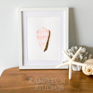 A5 Mini Sea shell watercolour painting in coral pink with gold foil, Alphabet Cone Shell hamptons style wall art, Beach decor , Seaside art