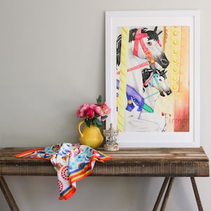 Watercolour Carousel horses girls room decor, Whimsical Nursery art for baby girl, Poster style large wall art, Florence Italy memorabilia