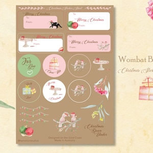 Wombat Bronze Kerststickervel, Australische cadeaulabelstickers, open me envelopzegelsticker voor vakantie, Roze huidige kerstlabels