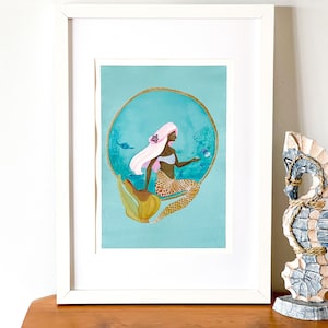 Seychellen Meerjungfrau Aquarell, dunkelhäutige afrikanische Meerjungfrau, Meerjungfrau Geschenke, Meerjungfrau Dekor, mythische Meeresbewohner, Tween Dekor