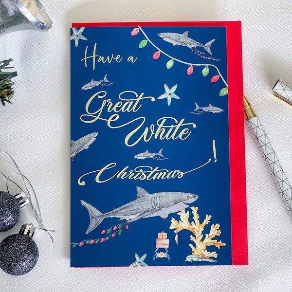 Have a Great White Christmas, Australian Christmas card, Aussie puns, Shark greeting card, Watercolour illustration