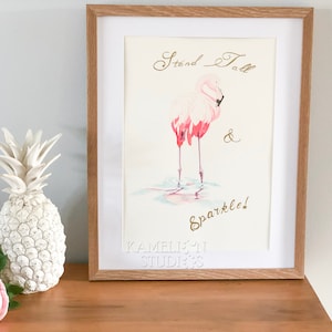 Watercolor Flamingo with Gold Foil, Personalised Nursery art, Pink decor office, Watercolour Flamingo print, Baby shower gift, gift for her