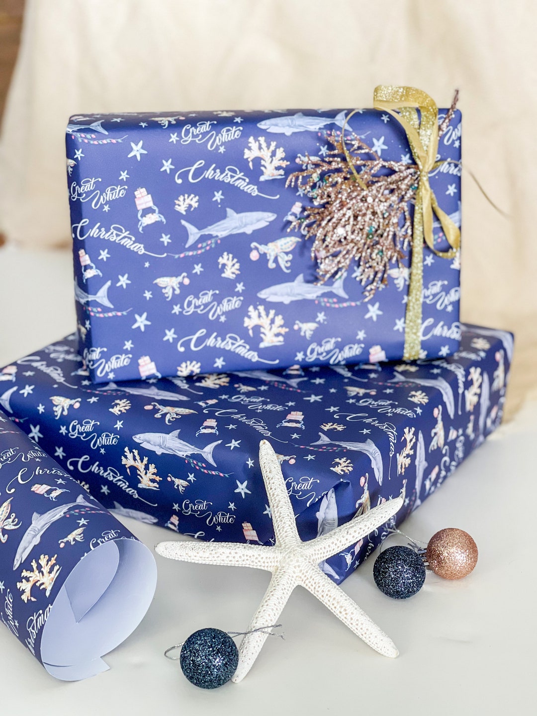 Great White Christmas Australian Christmas Wrapping Paper With Sharks, Blue Ringed Octopus, Crab