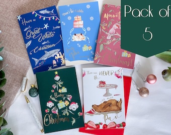 Pack of 5 Christmas cards, Australian animal cards, Aussie Christmas, Great white shark, Koala, Tassie Devil, Parrots, Wombat, Pavlova