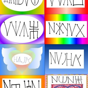 Puede incluir: Una colección de ocho piezas de arte abstracto, cada una con un diseño único. El arte presenta dibujos lineales negros de símbolos y letras sobre fondos degradados coloridos. Algunas piezas incluyen texto, y el estilo general es caprichoso y creativo.