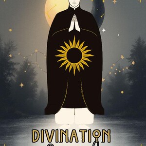 Könnte beinhalten: Digitale Illustration einer Person in schwarzem Gewand mit gelbem Sonnendesign, Hände zum Gebet gefaltet. Der Hintergrund zeigt Mond, Sterne und den Text "DIVINATION Journal". Das Thema ist spirituell und mystisch.