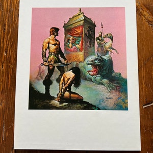 May include: A fantasy illustration of a muscular man holding a sword, standing over a woman kneeling on the ground. A large, green, reptilian creature with a gaping mouth is in the background. A golden cage with a red curtain and a man inside is in the center of the image. The artist's signature, "Boris", is in the bottom right corner.