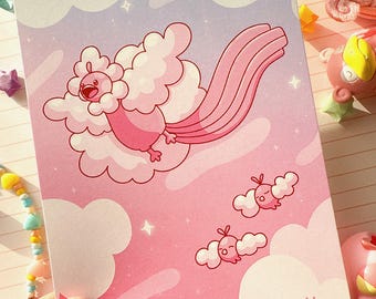 Pink Mega Altaria and Swablu Full Art Mini Art Print 7 x 5 inch