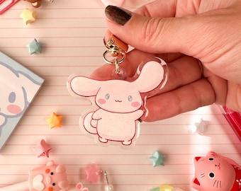 Acrylic Glitter Pink Cinna Cinnamon Roll Puppy Keychain
