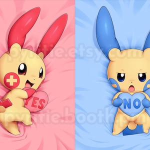 May include: Two cartoon characters, one pink and one blue, are lying on their backs in bed. The pink character is holding a heart that says "YES" and the blue character is holding a heart that says "NO".