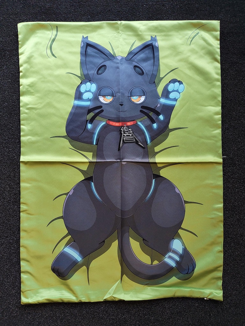 Puede incluir: Una funda de almohada rectangular con una ilustraci&oacute;n gr&aacute;fica de un gato gris oscuro con ojos naranjas y detalles azules brillantes en las extremidades. El gato lleva un collar rojo con un colgante negro sobre un fondo verde claro.