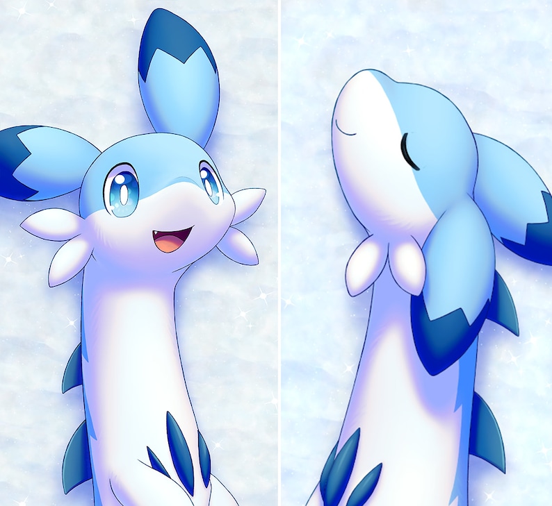 K&ouml;nnte beinhalten: Eine blaue und wei&szlig;e Comic-Kreatur mit langem Hals und einem l&auml;chelnden Gesicht. Die Kreatur hat gro&szlig;e, blaue Ohren und einen wei&szlig;en K&ouml;rper mit blauen Markierungen. Die Kreatur befindet sich auf einem wei&szlig;en Hintergrund mit blauen und wei&szlig;en Glitzer.