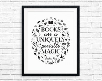 Printable Art, Books are a Uniquely Portable Magic, Stephen King Quote, Book Lover Art Gift, Digital Download Print