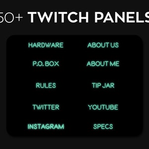 May include: A black background with a white rectangle containing 10 neon green buttons with text. The buttons read: Hardware, About Us, P.O. Box, About Me, Rules, Tip Jar, Twitter, Youtube, Instagram, Specs.