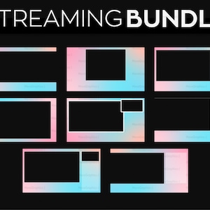 May include: A set of 8 streaming overlays with a pink and blue gradient background. The overlays are designed for use on Twitch, YouTube, and other streaming platforms.