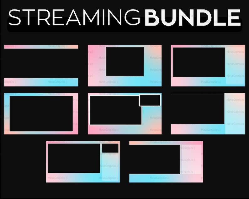May include: A set of 8 streaming overlays with a pink and blue gradient background. The overlays are designed for use on Twitch, YouTube, and other streaming platforms.