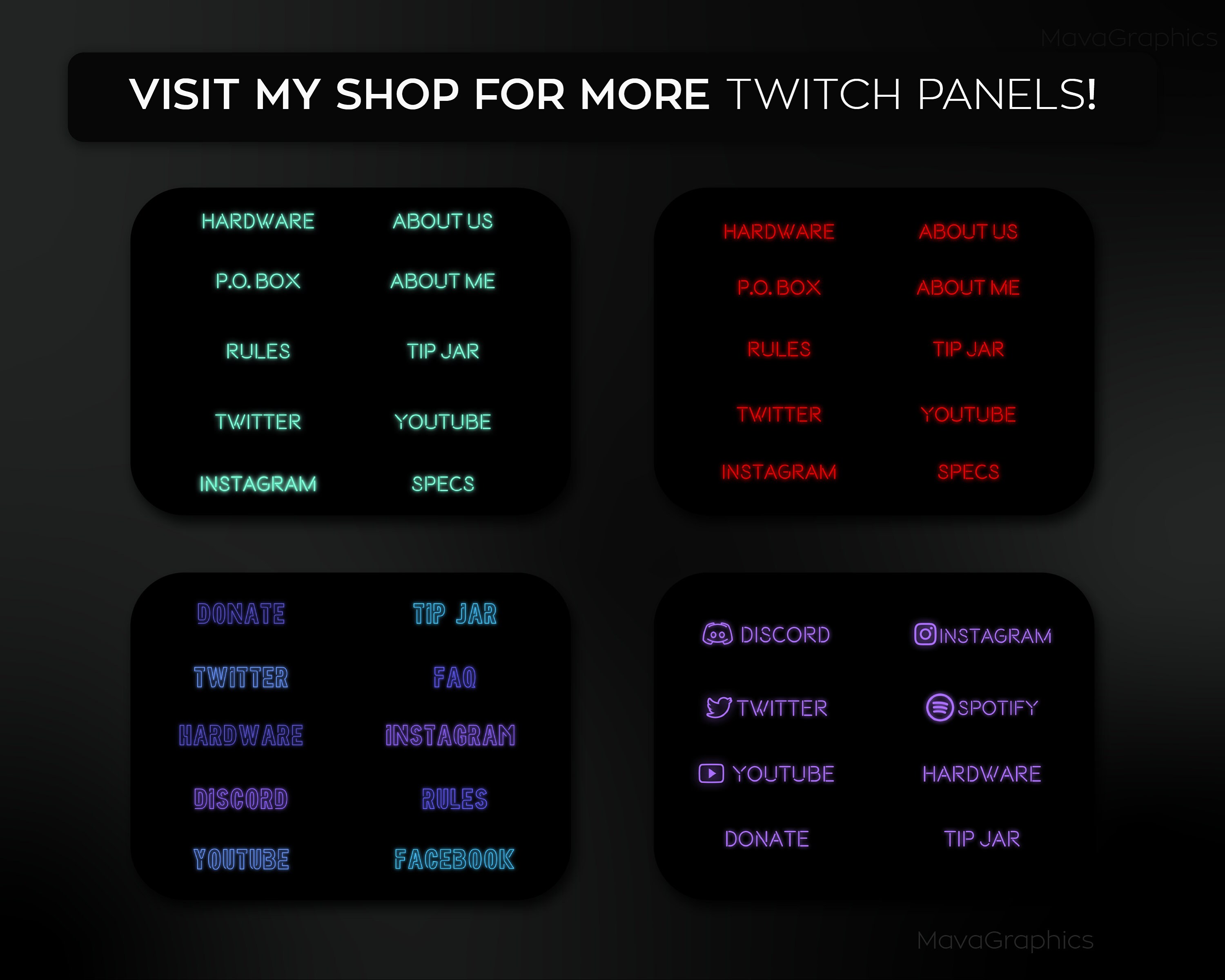 Paneles de Twitch de neón azul con iconos para streaming / Paquetes de ...