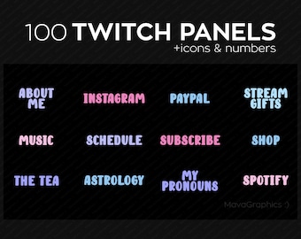 100 Cute Twitch panels with individual icons and numbers for streamers, PNG Twitch panels bundle, Twitch panel package