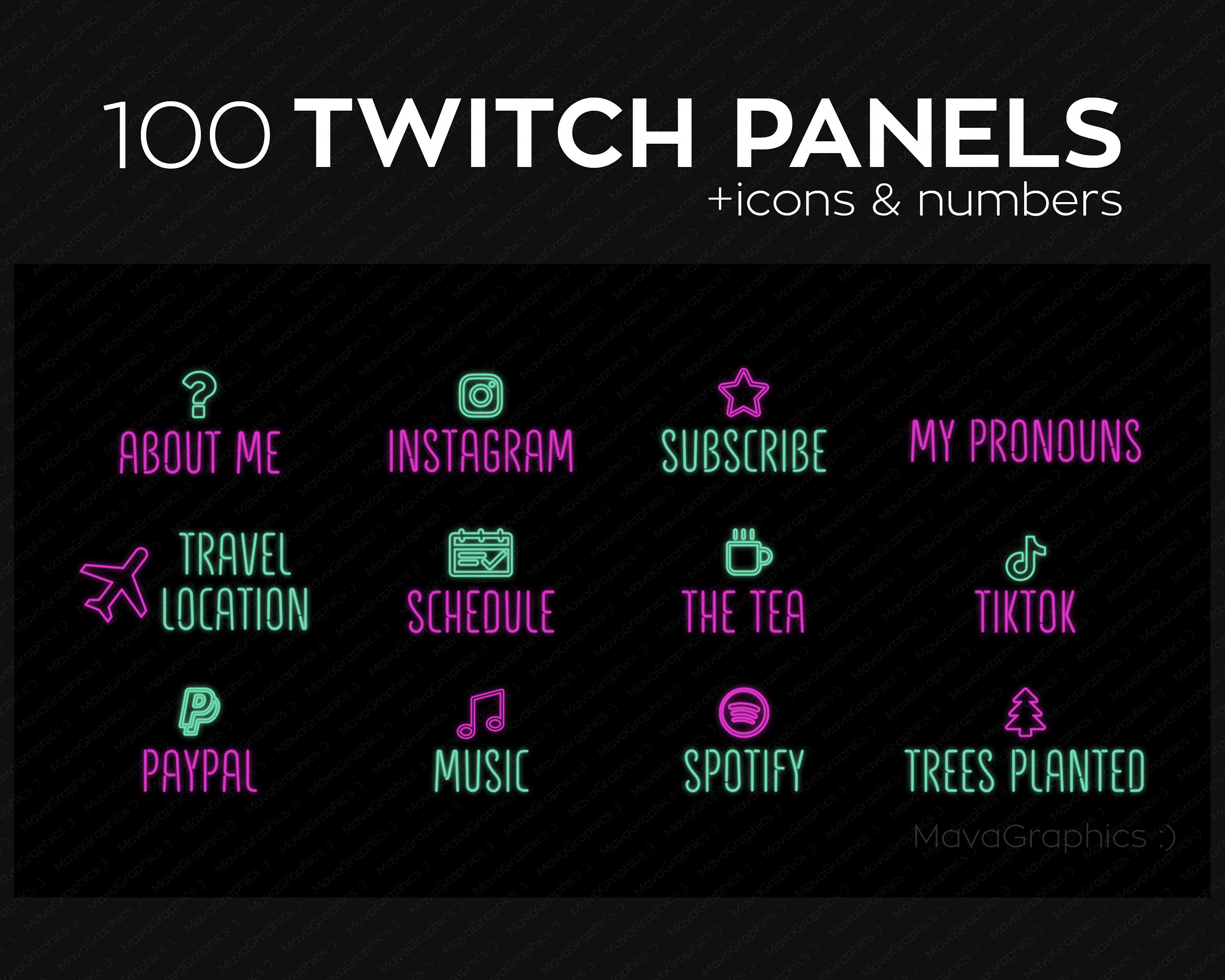 100 Futurist Hot Pink and Green Twitch panels with numbers, icons, and months for streamers, PNG Twitch panels bundle, Simple Twitch package