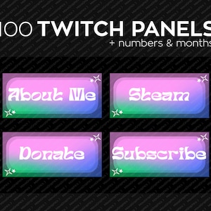 Peut inclure: Quatre panneaux Twitch colorés avec un fond dégradé et du texte blanc. Les panneaux indiquent "About Me", "Steam", "Donate" et "Subscribe".