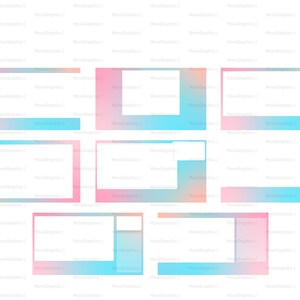 May include: A set of six digital frames with a gradient background in pink, blue, and white. The frames are in different sizes and shapes, and they are perfect for displaying photos or videos.
