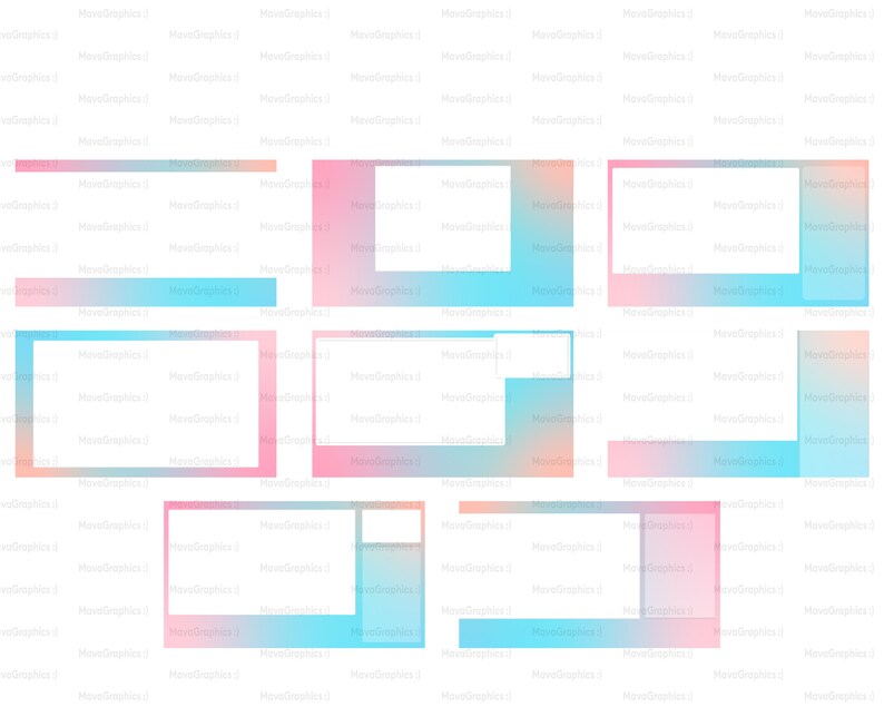 May include: A set of six digital frames with a gradient background in pink, blue, and white. The frames are in different sizes and shapes, and they are perfect for displaying photos or videos.