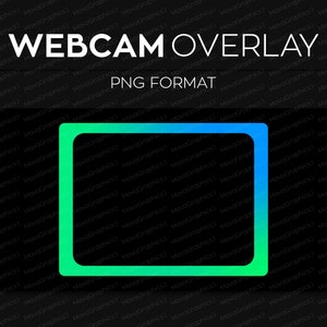 Op de afbeelding: Webcam overlay-afbeelding met de tekst "WEBCAM OVERLAY" en "PNG FORMAT" in het wit. Het ontwerp heeft een levendige, afgeronde rechthoek met een verloop van groen naar blauw op een zwarte achtergrond.