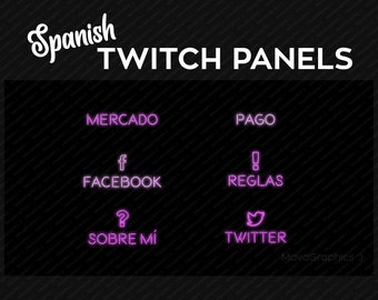 Pink Neon Twitch Panels Streaming with Icons in Spanish, Custom Twitch PNG Panels Set Bundle | Twitch Panel Package