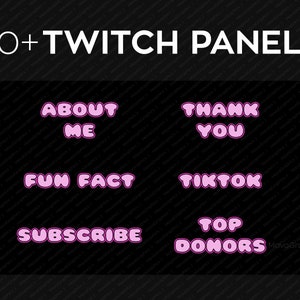Könnte beinhalten: Ein Satz von acht rosafarbenen Twitch-Panels mit abgerundeten Ecken und weißen Umrandungen. Die Panels zeigen Text wie "Über mich", "Danke", "Fun Fact", "TikTok", "Abonnieren" und "Top-Spender".