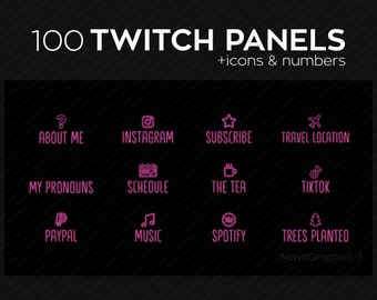 100 Hot Pink Twitch panels with numbers, icons, and months for streamers, PNG Twitch panels bundle, Simple Twitch panel package