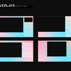 May include: Four different overlay templates for streaming on Twitch or YouTube. Each template features a gradient background with pink, blue, and white colors. The templates include a large rectangular space for a video feed, a smaller rectangular space for a webcam feed, and a space for text or graphics.