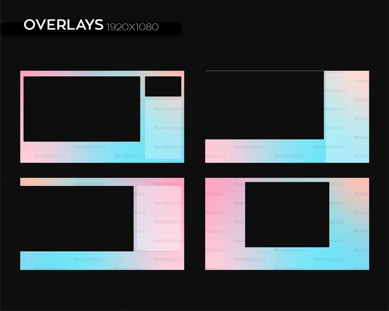May include: Four different overlay templates for streaming on Twitch or YouTube. Each template features a gradient background with pink, blue, and white colors. The templates include a large rectangular space for a video feed, a smaller rectangular space for a webcam feed, and a space for text or graphics.