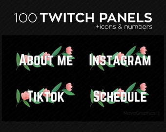 100 Floral Pink and Green Twitch panels with numbers, icons, and months for streamers, PNG Twitch panels bundle, Simple Twitch package