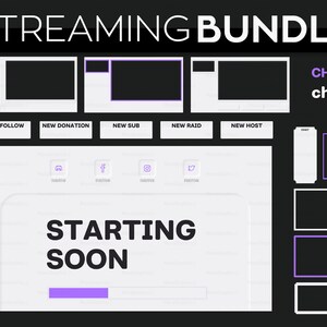 May include: A white and purple streaming bundle template with the text "STREAMING BUNDLE" at the top. The template includes a chat box, a starting soon screen, and buttons for new follow, new donation, new sub, new raid, and new host.