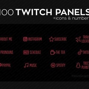 100 Red Twitch panels with numbers, icons, and months for streamers | PNG Twitch panels bundle | Twitch panel package