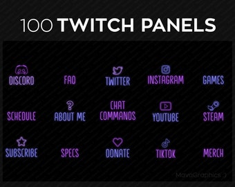 100 Twitch Panels for Streaming | Purple and Blue PNG Twitch Panels Set Bundle | Twitch Panel Package