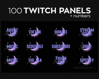 May include: A set of 100 purple and white Twitch panels with crescent moon designs. The panels feature text such as "About Me", "TikTok", "Donate", "Stream Gifts", "Music", "Schedule", "Subscribe", "Shop", "Music", "The Tea", "Thank You", and "Spotify".