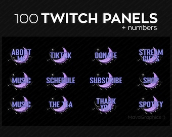 100 moon and stars Twitch panels with individual icons and numbers for streamers, PNG Twitch panels bundle, Twitch panel package