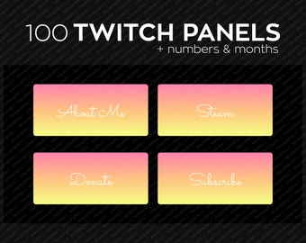 100 Summer Sunset Twitch panels with numbers and months for streamers, peach orange and yellow PNG Twitch panels bundle package