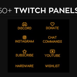 May include: A set of eight Twitch panel designs with neon yellow outlines on a black background. The panels include icons for Discord, Donate, Instagram, Chat Commands, Subscribe, YouTube, Hardware, and Wishlist.